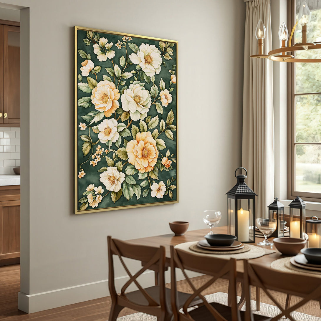 Canvas Print of floral artwork in a botanical style with a green, yellow, and white color palette, perfect for adding a touch of elegance.