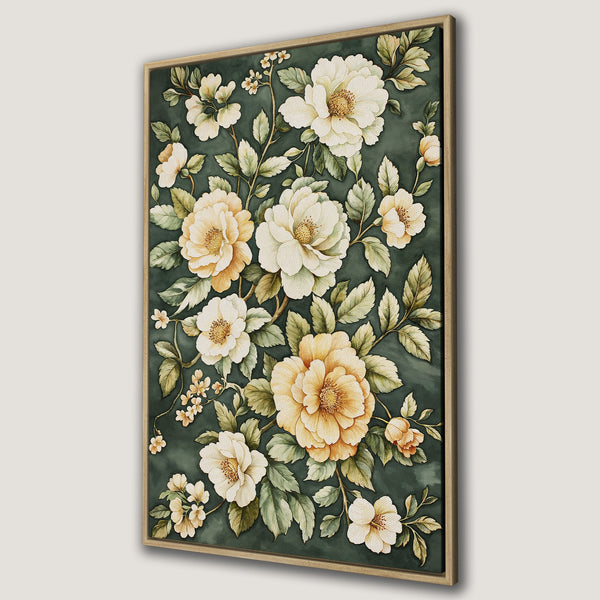 Framed Wall Art: Watercolor floral Canvas Print featuring white and yellow blooms on a deep green background. Perfect for adding a touch of elegance to any space!