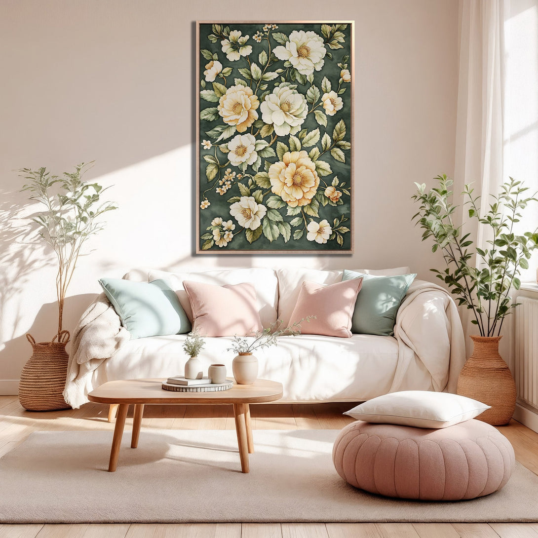 Framed Wall Art featuring elegant floral design in a watercolor style. Earthy tones of green, yellow, and cream create a calming aesthetic for your home.