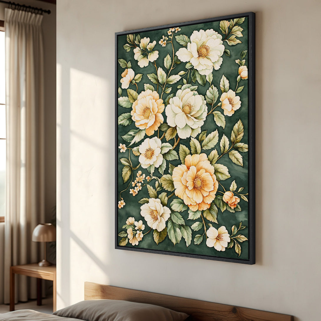 Framed Wall Art featuring watercolor floral design. Elegant botanical print with white & yellow flowers on a dark green background. Perfect for home decor.