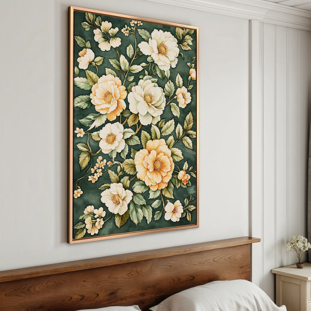 Framed Wall Art featuring watercolor floral design in green, cream, and gold. Perfect for adding a touch of elegance to any room. Shop now!