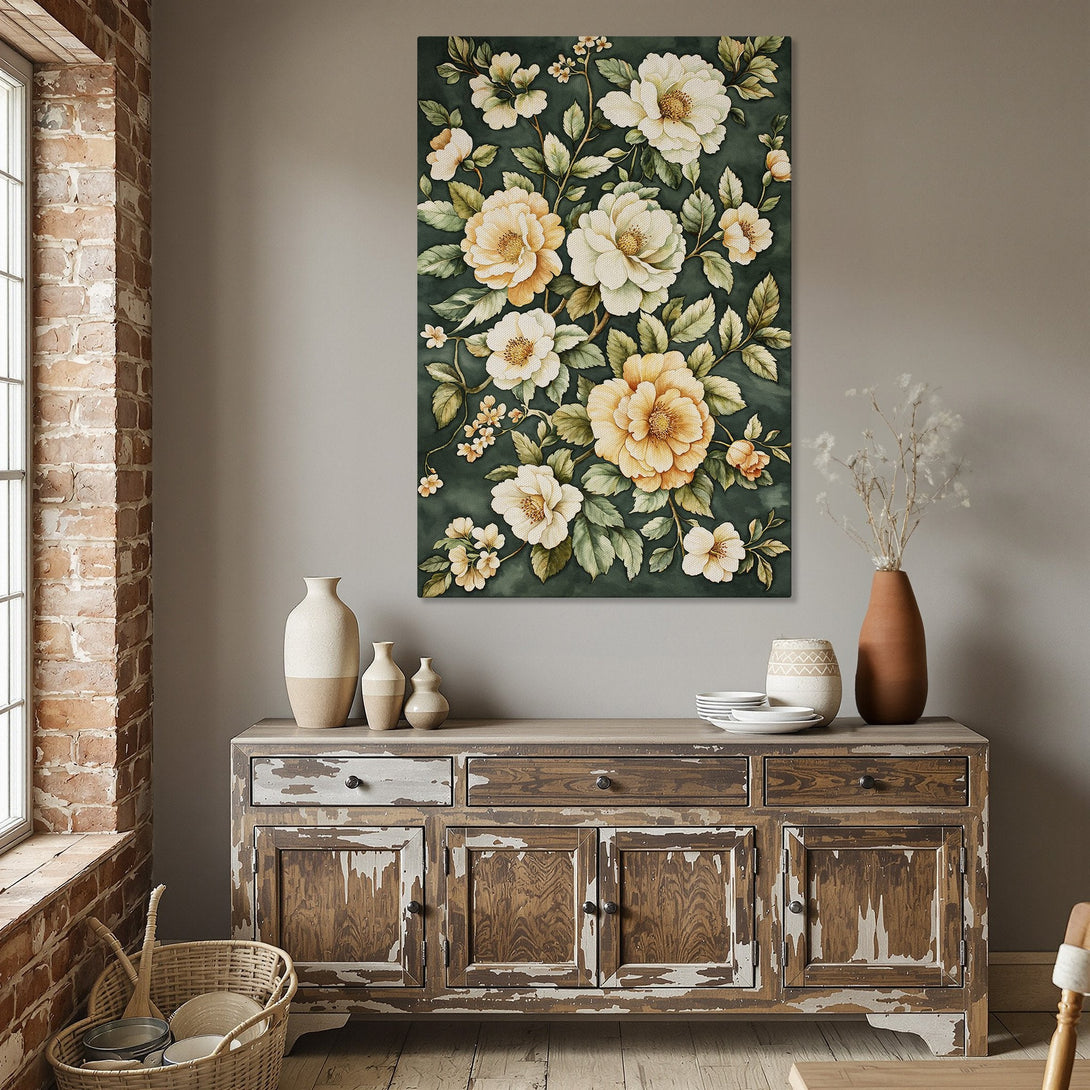 Framed Wall Art: Floral print with yellow and white blooms on a dark green background. Perfect for adding elegance to your dining room decor.