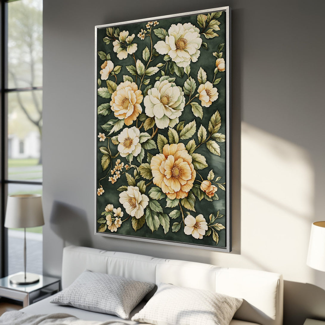 Framed Wall Art featuring watercolor floral design with cream and yellow blooms on a dark green background. Perfect for adding elegance to your bedroom decor.