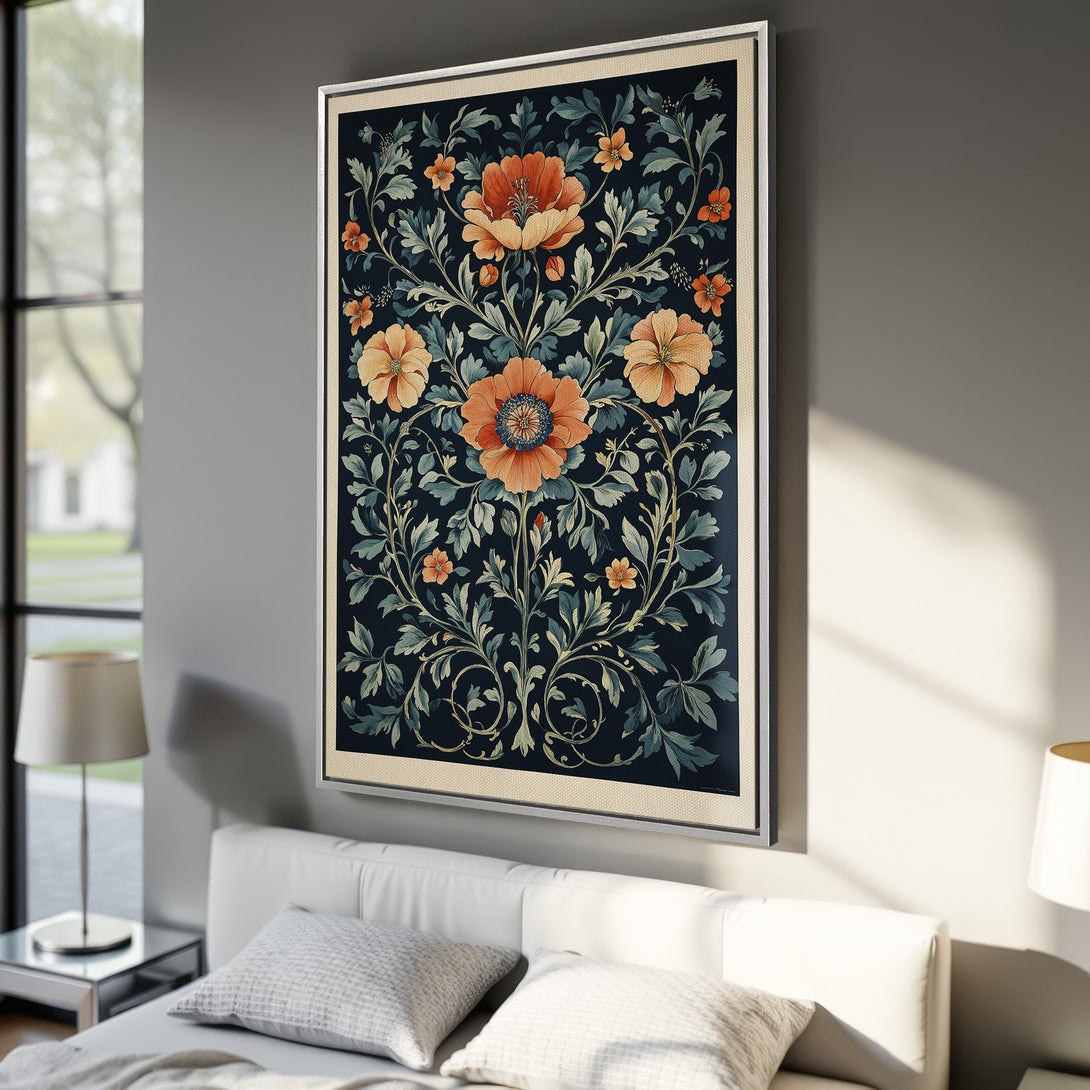 Framed Wall Art featuring a floral design with orange blooms and blue-green leaves on a dark background. Perfect for adding a touch of elegance and color to your home decor.