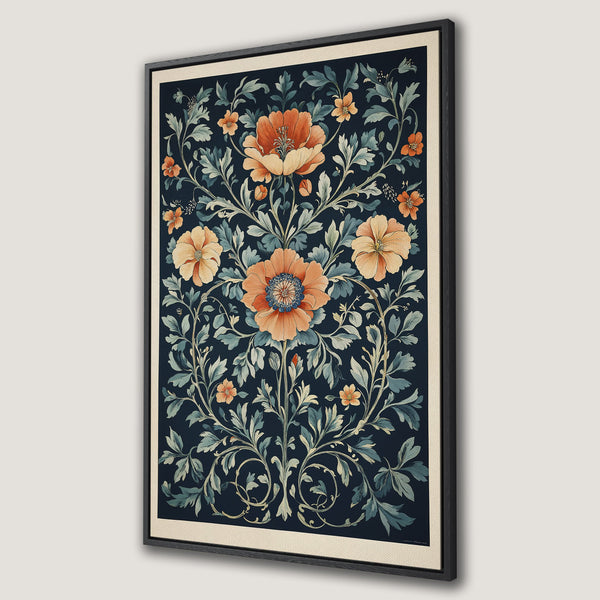 Framed Wall Art featuring a floral design in a vintage style. Rich navy blue background with orange and teal flowers and leaves. Perfect for home decor.