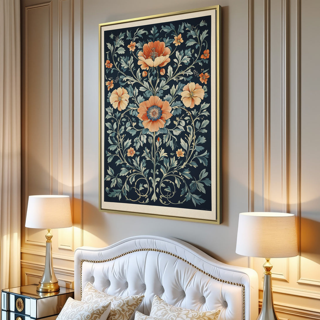 Framed Wall Art: Floral Canvas Print in a living room setting. Features a vintage-style design with orange & blue botanical elements. Perfect for home decor!