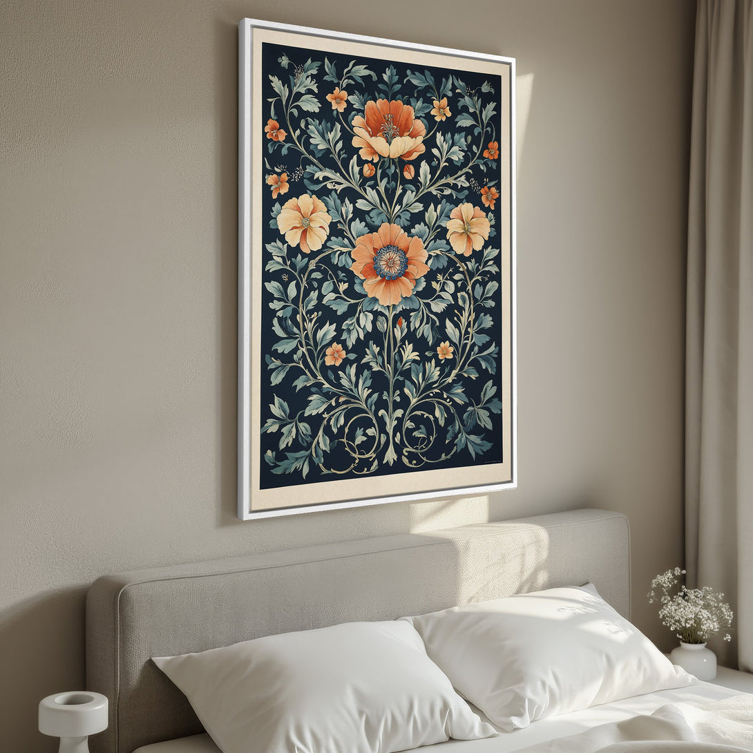 Framed Wall Art: Floral print with a vintage aesthetic, featuring orange and teal flowers on a dark blue background. Perfect for bedroom decor.