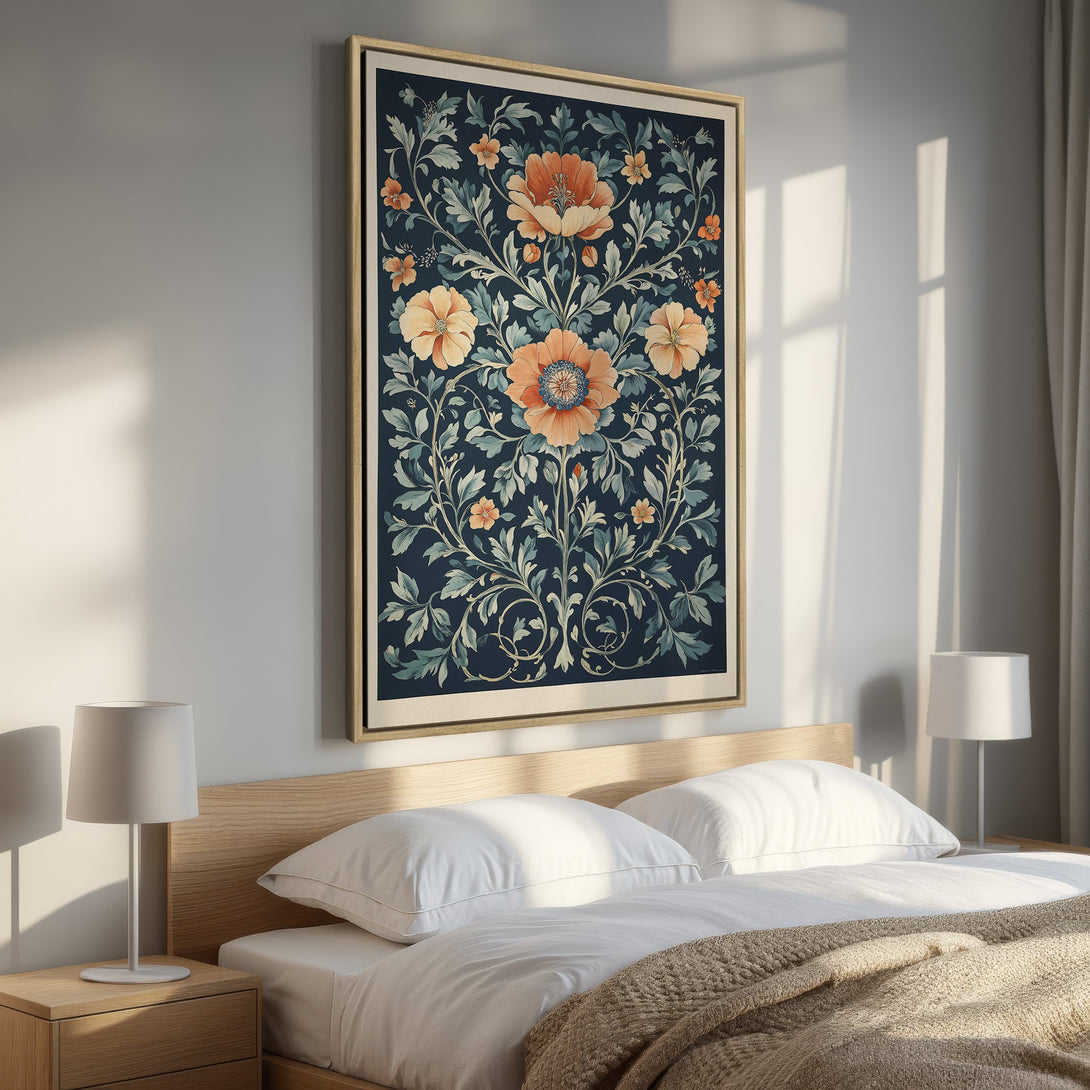 Framed Wall Art featuring a floral design in a vintage style. The color palette includes navy, orange, and muted greens, perfect for bedroom decor.