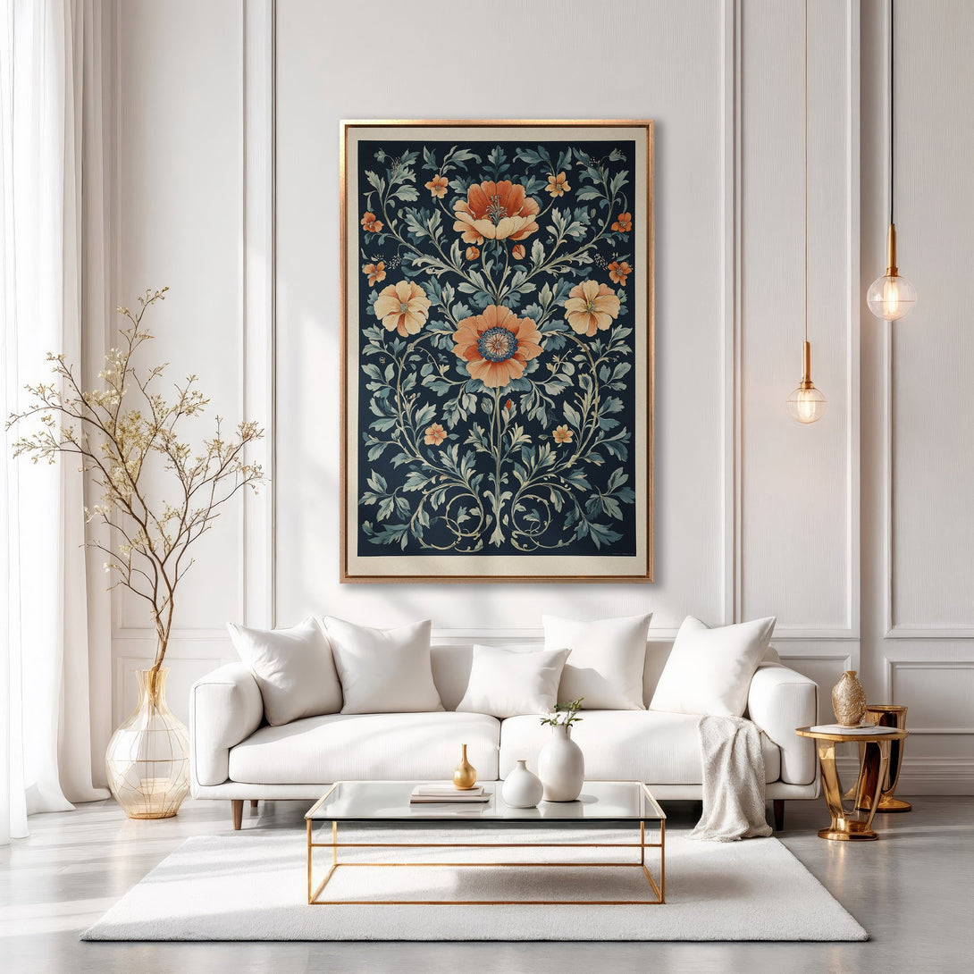 Framed Wall Art: Floral Canvas Print in a living room. Features a dark blue background with orange and teal flowers. Perfect for elegant home decor.
