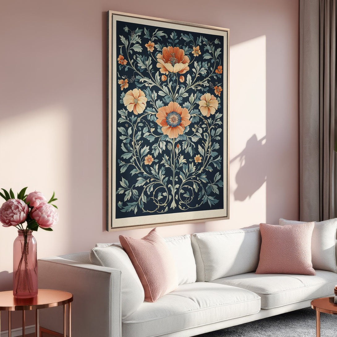 Framed Wall Art: Floral Canvas Print in a cozy living room. Features a dark blue background with orange and green floral design, perfect for adding a touch of elegance.