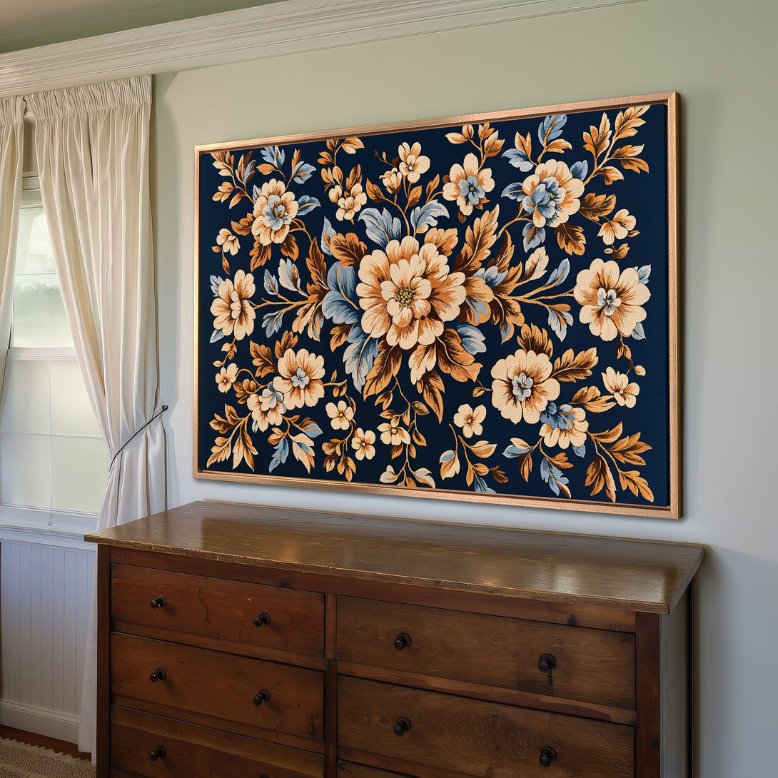 Framed Wall Art featuring a floral design in navy, gold, and blue. Classic style Canvas Print adds elegance to any room.
