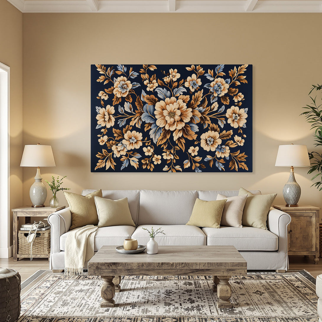 Framed Wall Art: Floral Canvas Print in a dining room. Features a vintage style with a navy, gold, and beige color palette. Elevate your home decor!