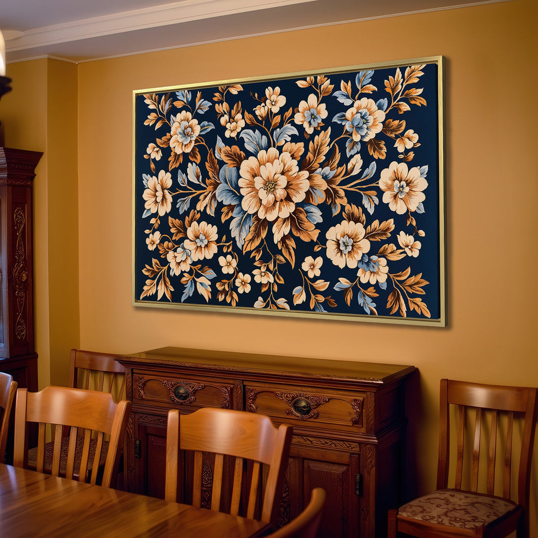 Canvas Print featuring a floral design in a vintage style. Warm, neutral colors with pops of blue create an elegant and inviting atmosphere.