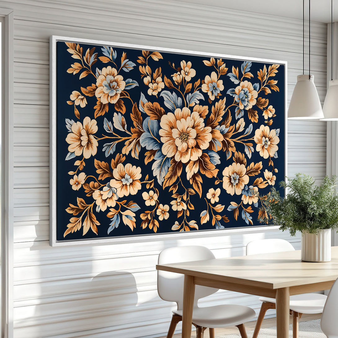 Framed Wall Art featuring a floral design in a vintage style with a navy and gold color palette. Perfect for adding elegance to any space.