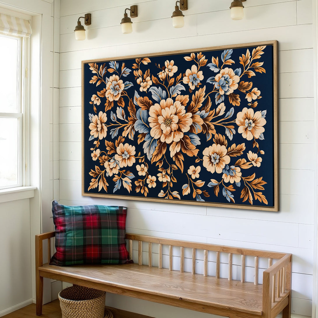 Framed Wall Art featuring a floral design in navy, cream, and muted gold tones. Perfect for adding a touch of elegance to any space.