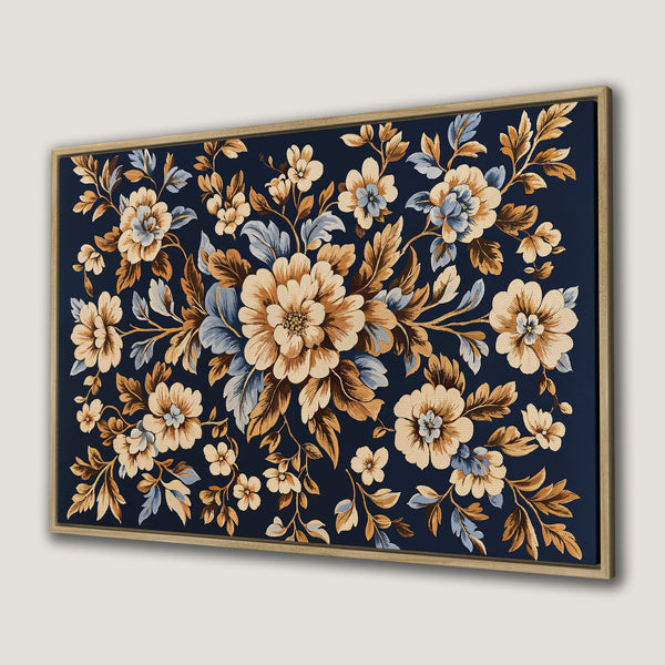 Framed Wall Art featuring a floral pattern in navy, beige, and gold tones. Perfect for adding a touch of elegance to your home decor.