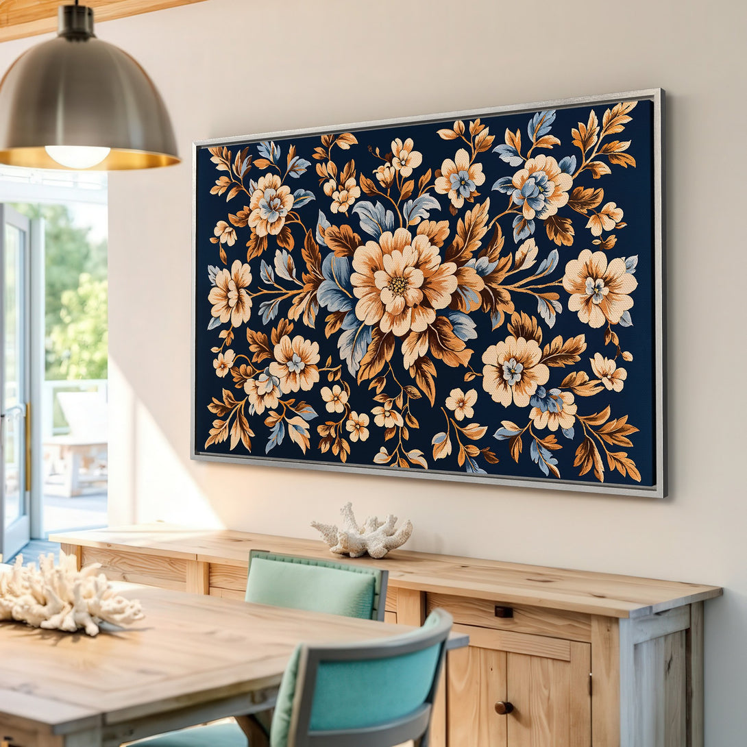 Framed Wall Art featuring a floral design in a classic style. The color palette includes navy, beige, and brown tones. Perfect for adding elegance to your home decor.