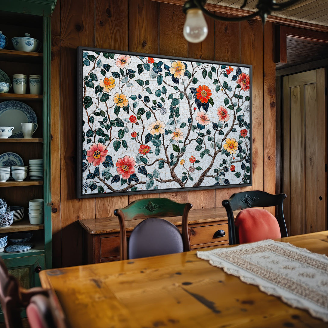 Framed Wall Art: Floral mosaic Canvas Print in warm tones. Adds a touch of vintage charm to any interior. Perfect for dining rooms!