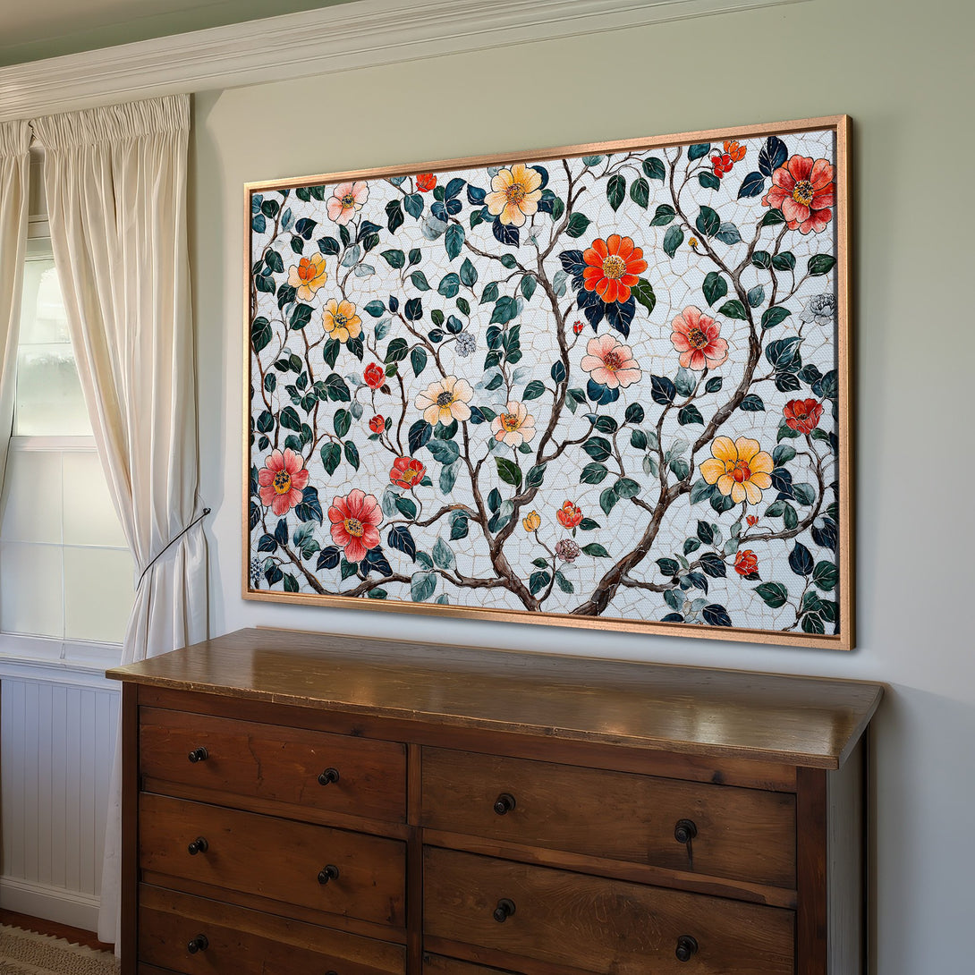 Framed Wall Art: Floral canvas print with a mosaic-like design, featuring vibrant red, yellow, and orange flowers. Perfect for adding a pop of color!
