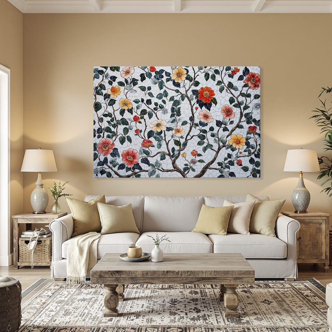 Framed Wall Art featuring a floral mosaic design in a warm color palette. Adds elegance to any interior. Shop now!