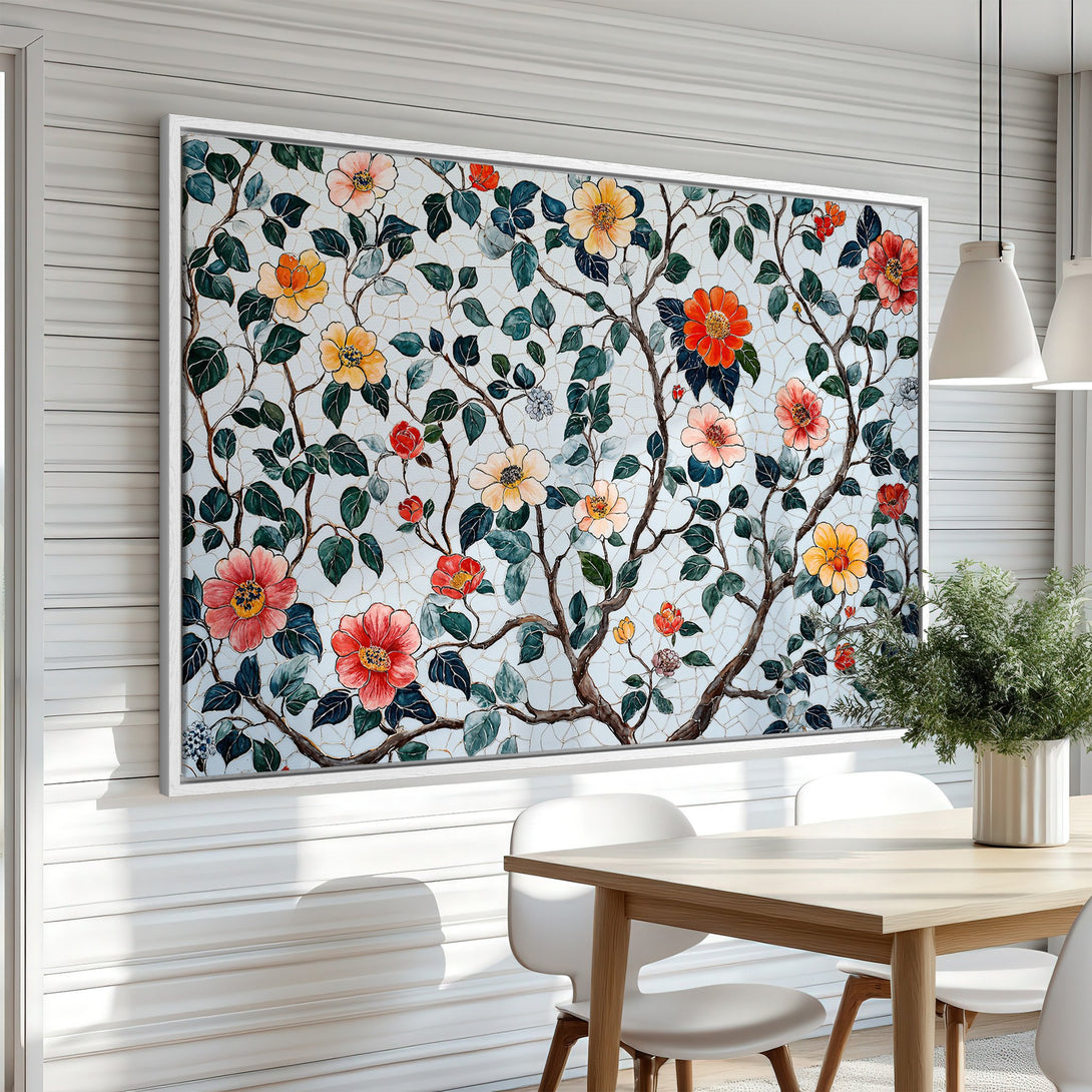 Framed Wall Art featuring a floral mosaic design in warm reds, oranges, and greens. Perfect for adding a touch of elegance to any space.