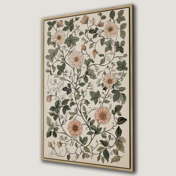 Framed Wall Art featuring a vintage floral design in soft peach and green hues. Perfect for adding a touch of elegance to any space.