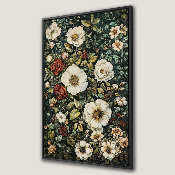 Framed Wall Art featuring a floral watercolor design in a dark green, cream, and red color palette. Perfect for adding a touch of elegance to your space.