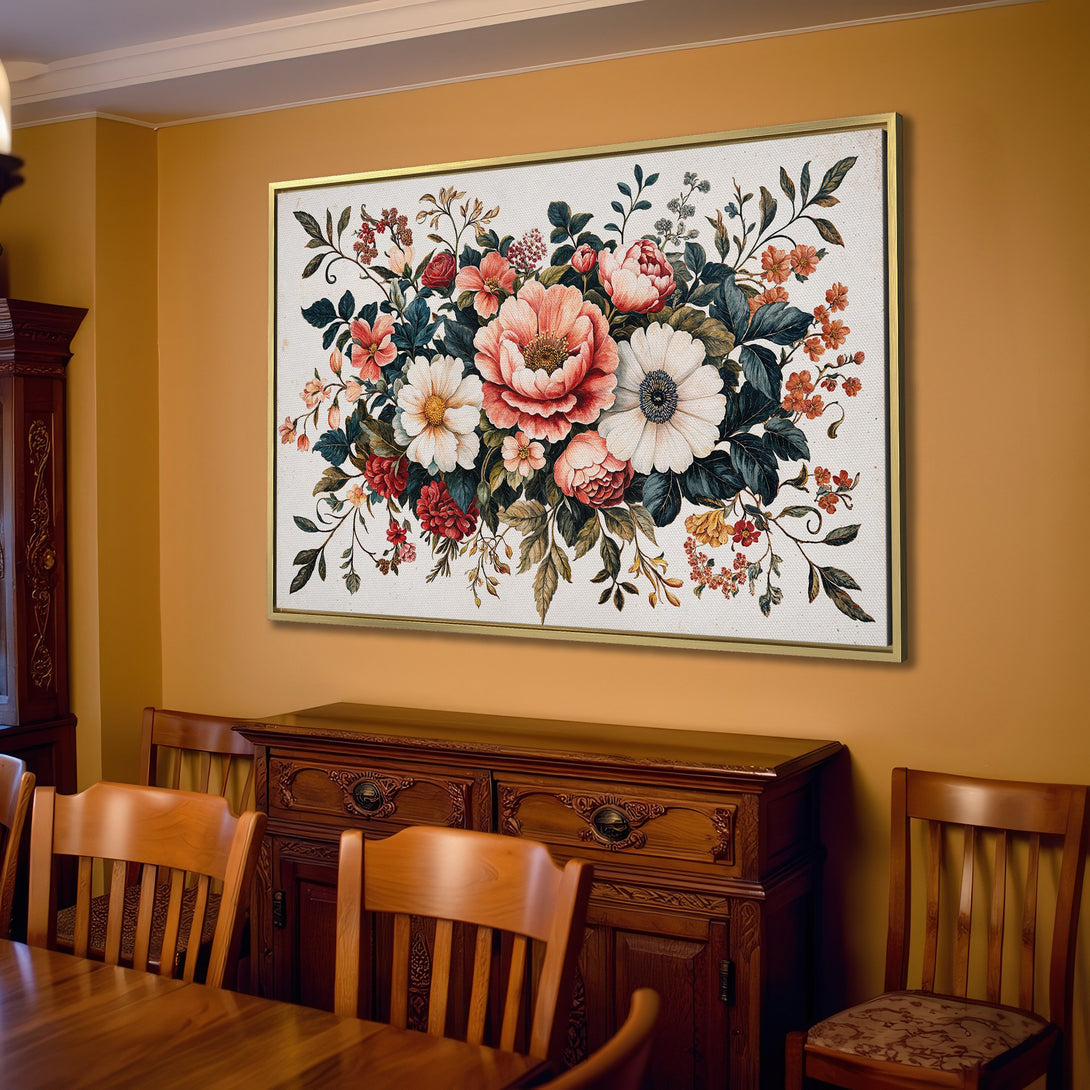 Canvas Print of floral artwork in a living room. Features a vintage style with a warm, neutral color palette. Perfect for adding elegance to your home!