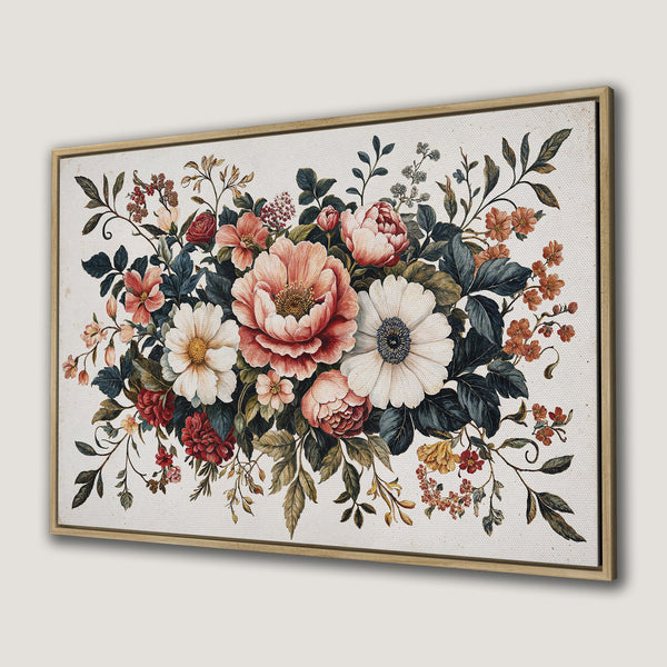 Canvas Print of a vintage floral bouquet in a warm color palette. Perfect framed wall art for a touch of elegance.