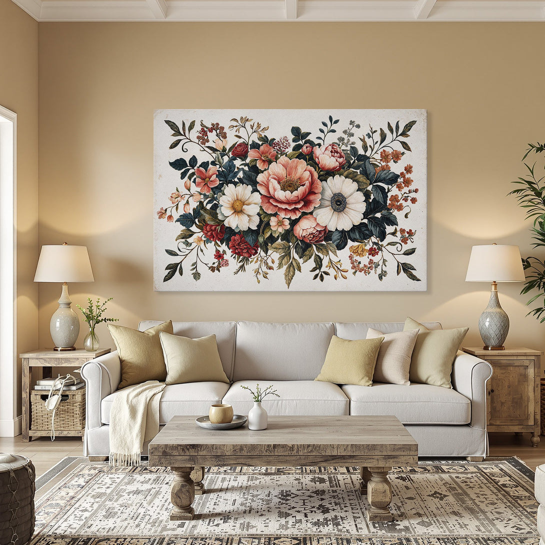 Framed Wall Art: Vintage floral Canvas Print with a warm, romantic color palette. Perfect for adding elegance to any dining room or living space.