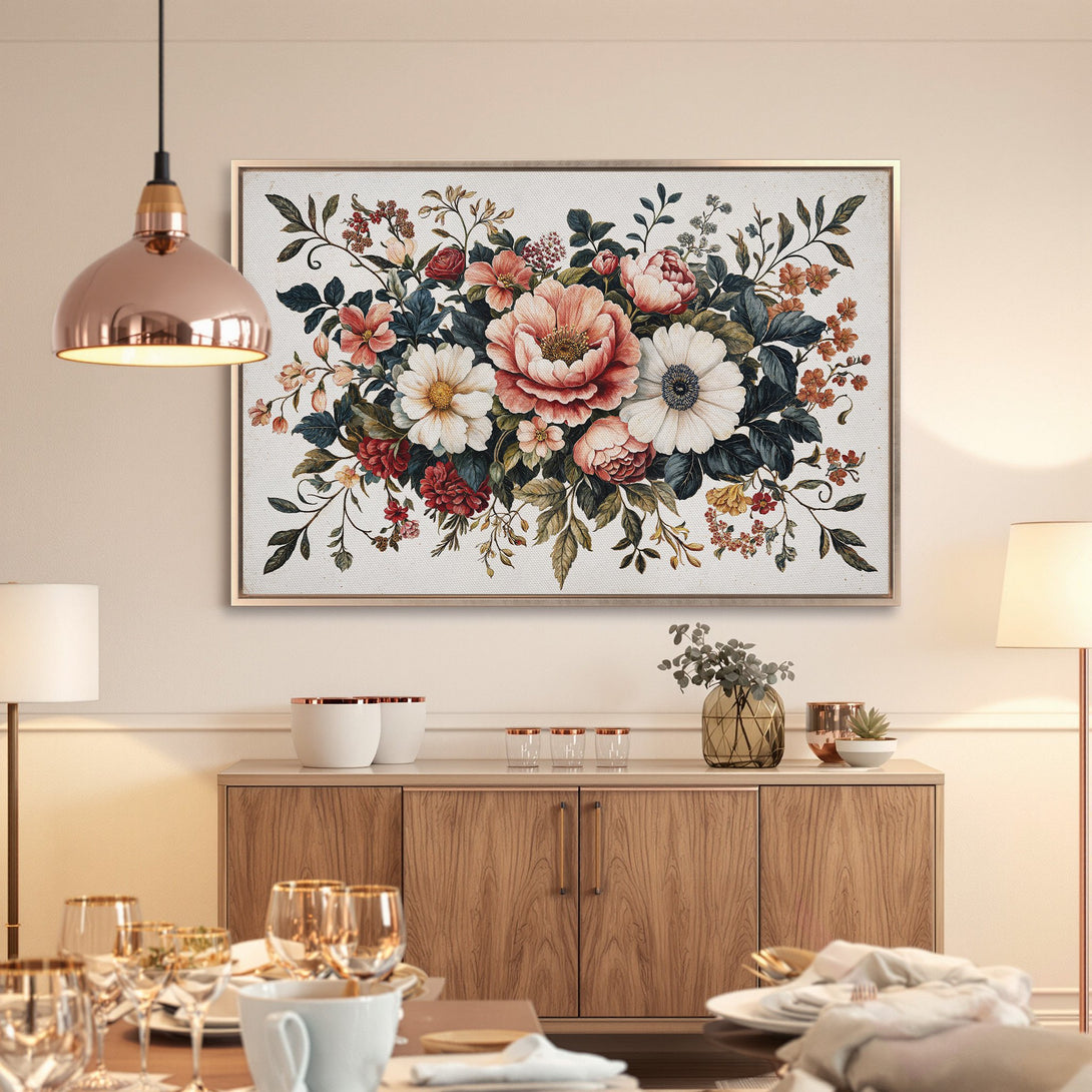 Framed Wall Art: Vintage floral Canvas Print in soft blush, cream, and green. Adds a touch of elegance to any dining room or living space.