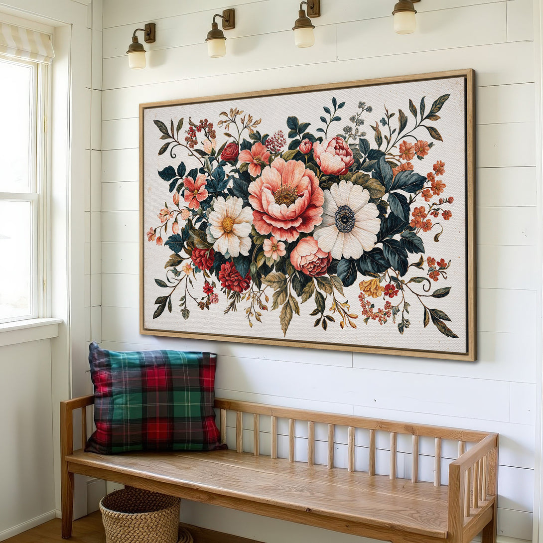 Framed Wall Art: Floral canvas print in a farmhouse style. Features a warm color palette with coral, red, and green blooms. Perfect for adding a touch of nature.