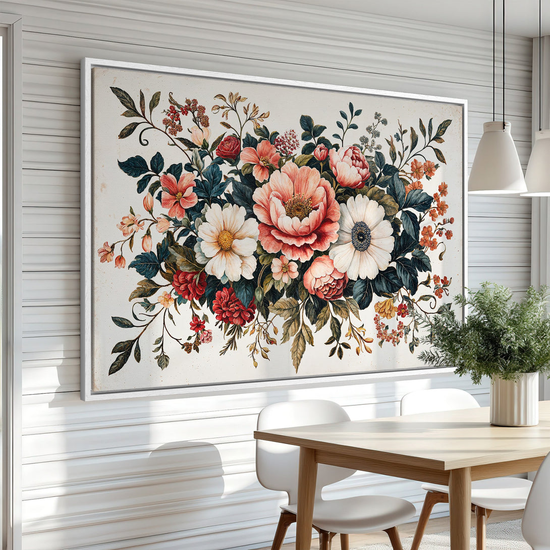 Framed Wall Art featuring a vintage floral bouquet in a soft, watercolor style. Warm peach, red, and teal tones create a cozy, inviting atmosphere.