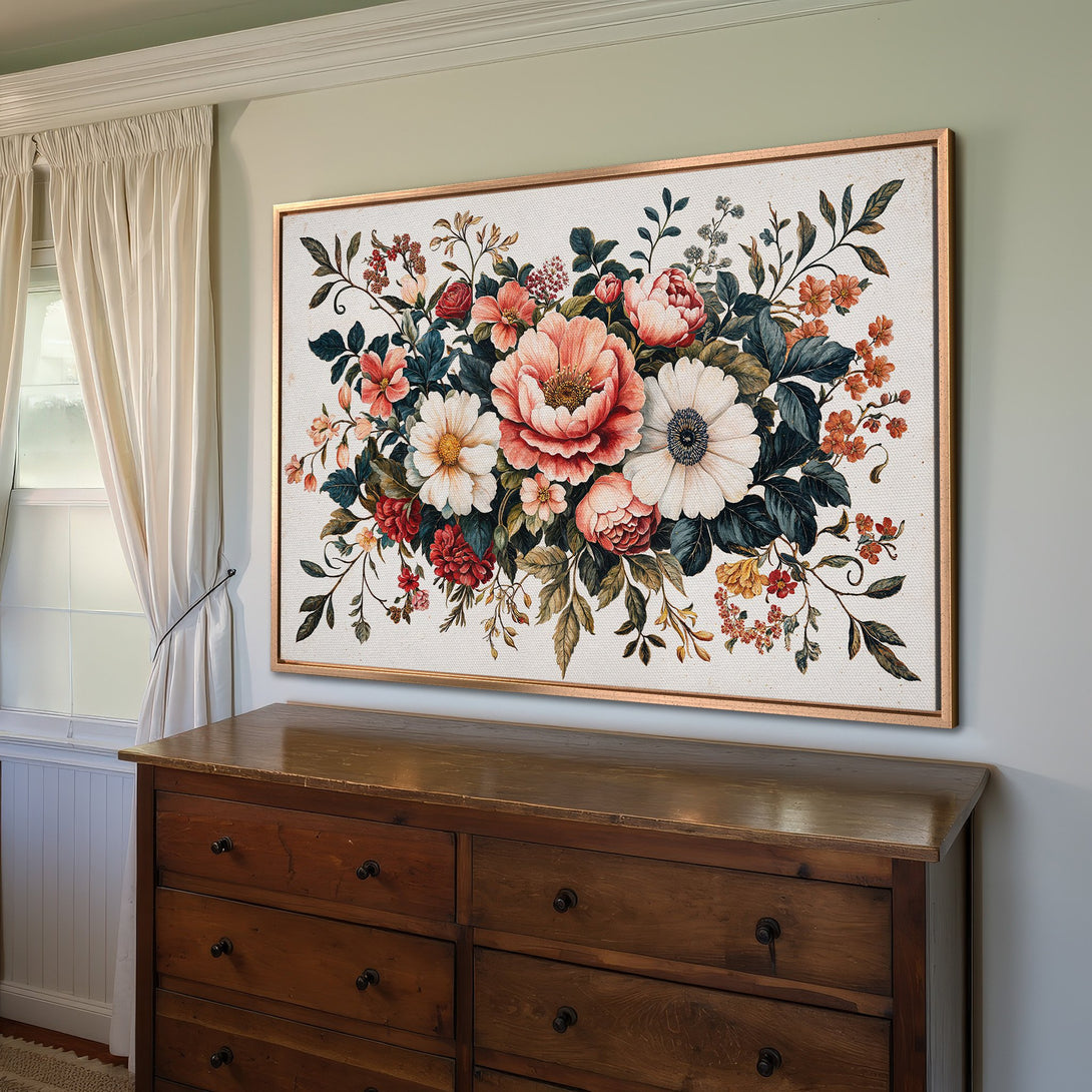 Framed Wall Art: Floral Canvas Print in a vintage style, featuring a vibrant palette of coral, red, and teal. Perfect for adding elegance to your home decor.