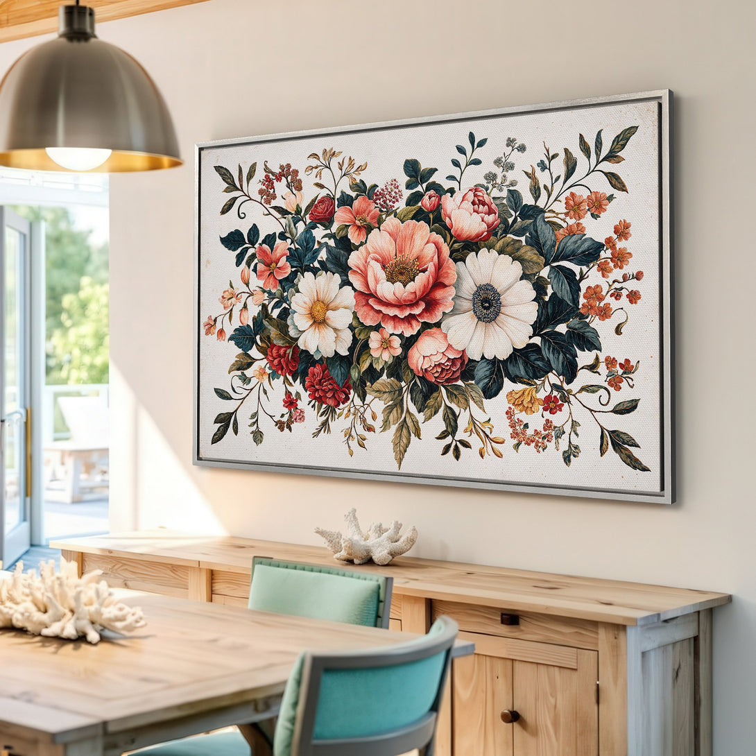Framed Wall Art featuring a floral bouquet in a vintage style. The Canvas Print showcases a warm color palette with pink, red, and green hues.