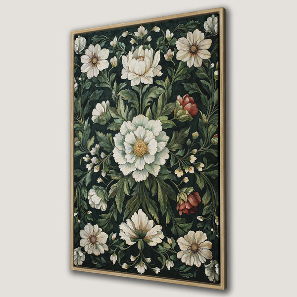 Framed Wall Art featuring a vintage floral design with white and red blooms on a dark green background. Perfect for adding elegance to any space.