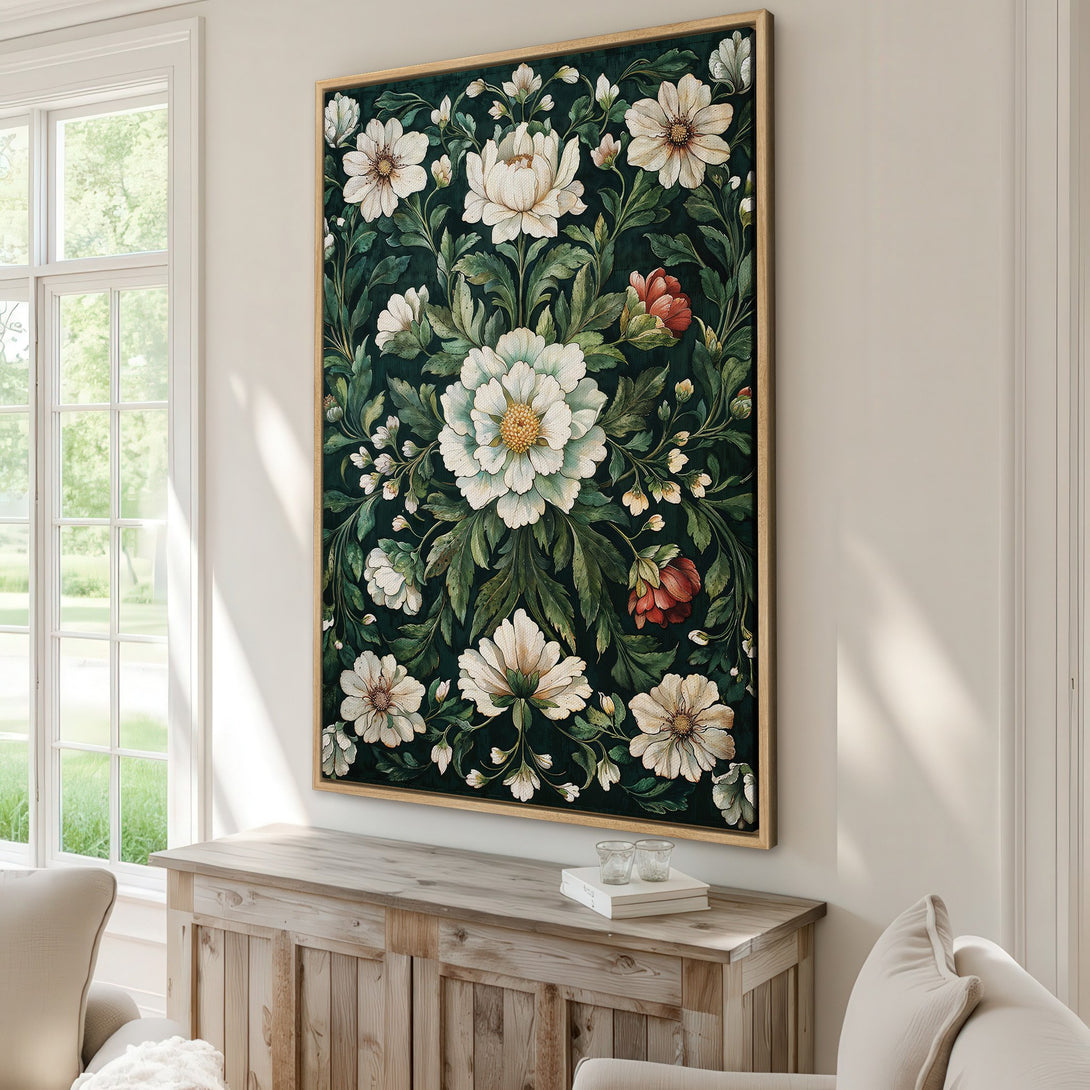 Framed Wall Art featuring a floral design with white flowers, dark green leaves, and red accents. Perfect for adding elegance to any room.