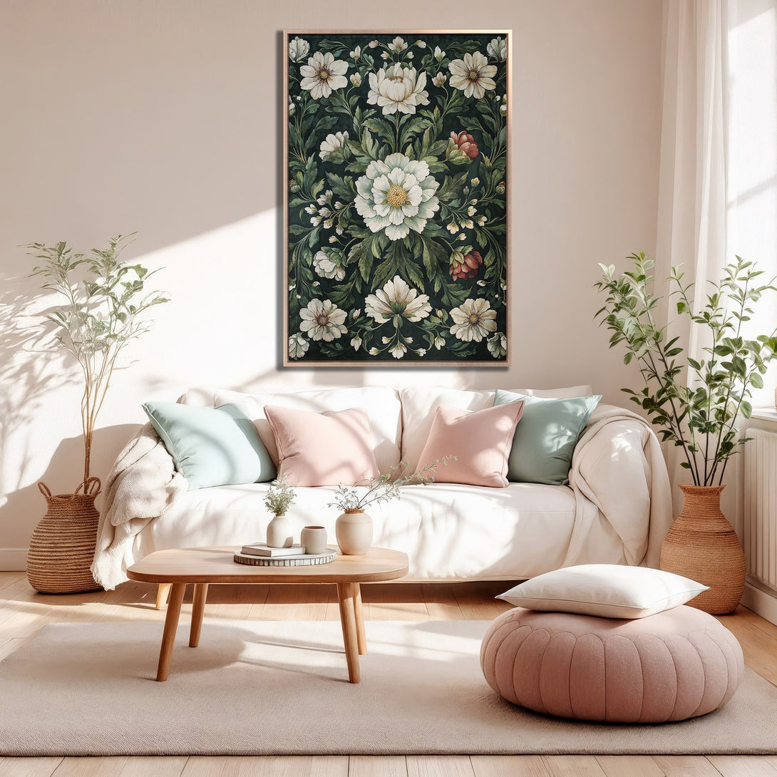 Framed Wall Art featuring a floral design in a dark green, white, and red color palette. Perfect for adding a touch of elegance to your living room.