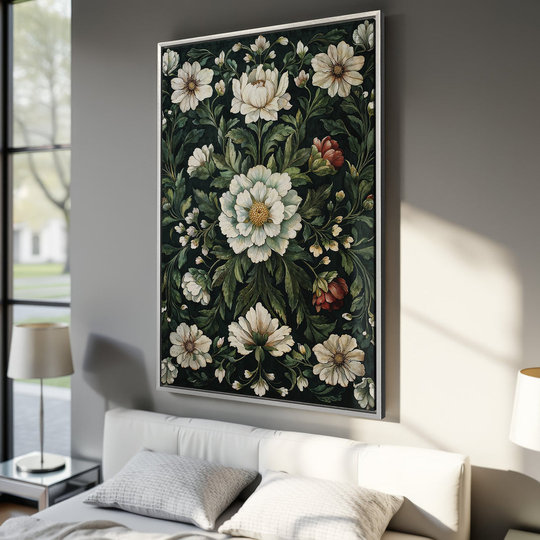 Framed Wall Art featuring a floral design in a dark green, white, and red color palette. Perfect for adding a touch of elegance to your bedroom decor.