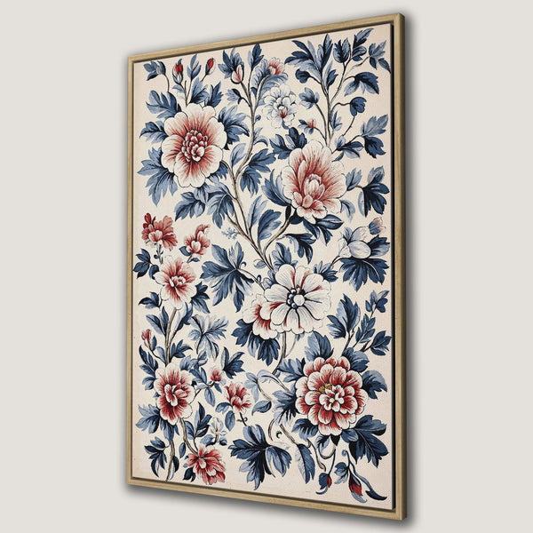 Framed Wall Art featuring a vintage floral design in red, blue, and cream. Perfect for adding a touch of elegance to your home decor.