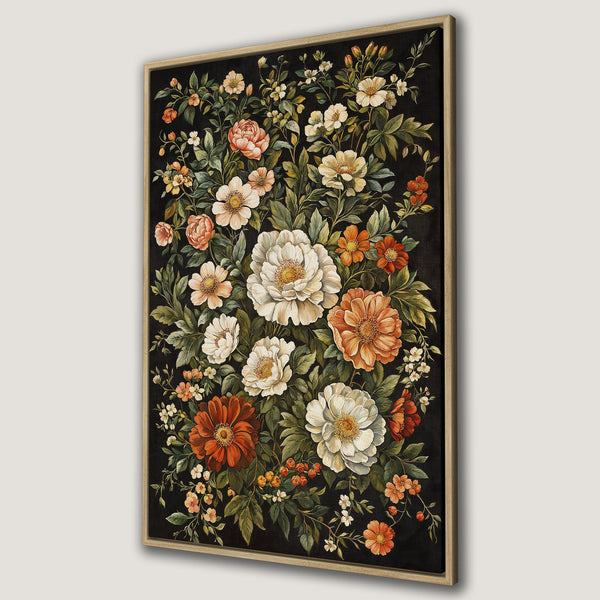 Framed Wall Art featuring a vibrant floral arrangement in a vintage style. Rich colors of orange, white, and green pop against a black background. Perfect wall decor!