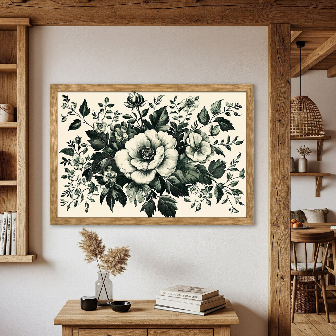 Framed Poster featuring a botanical floral design. Vintage style with a monochrome green and cream color palette. Perfect wall art.