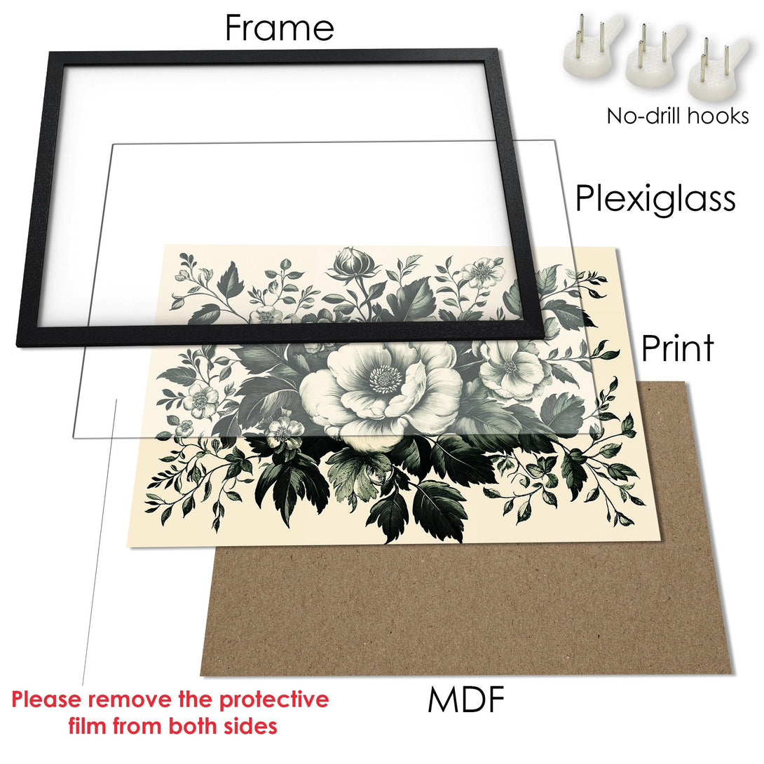 Framed Poster featuring a botanical illustration in a vintage style with a cream and green color palette. Perfect wall art!