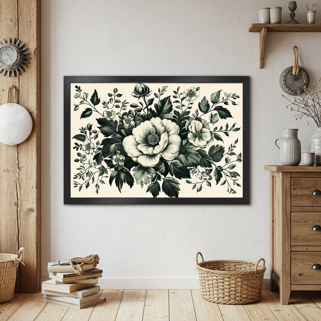 Framed Poster featuring a floral design in grayscale. Vintage style art print, perfect for home decor.