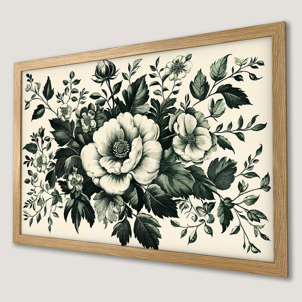 Framed Poster featuring elegant floral botanical art in a muted green and cream color palette, perfect for home decor.