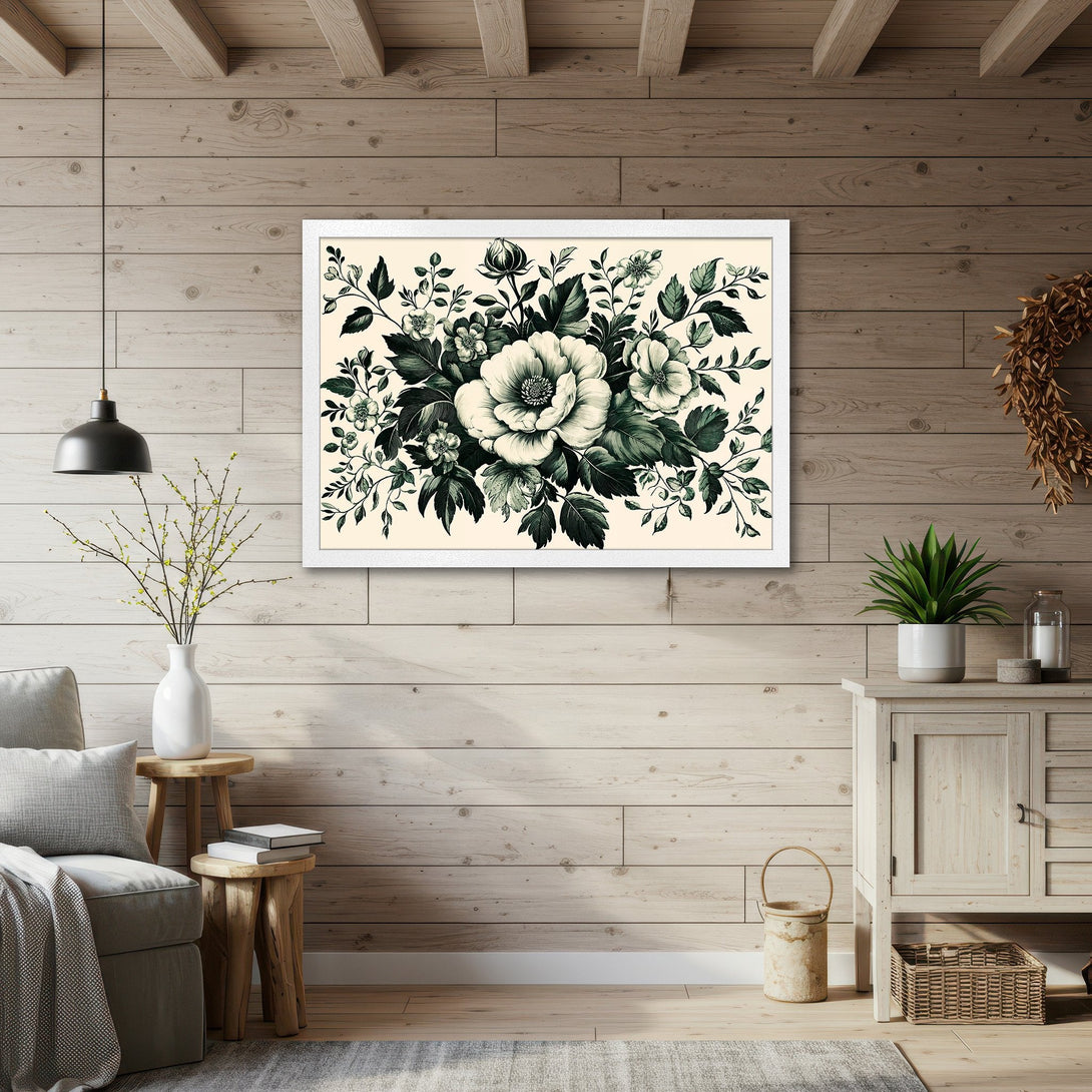 Framed Poster featuring a botanical floral print in a vintage style with a green and cream color palette, perfect wall art.