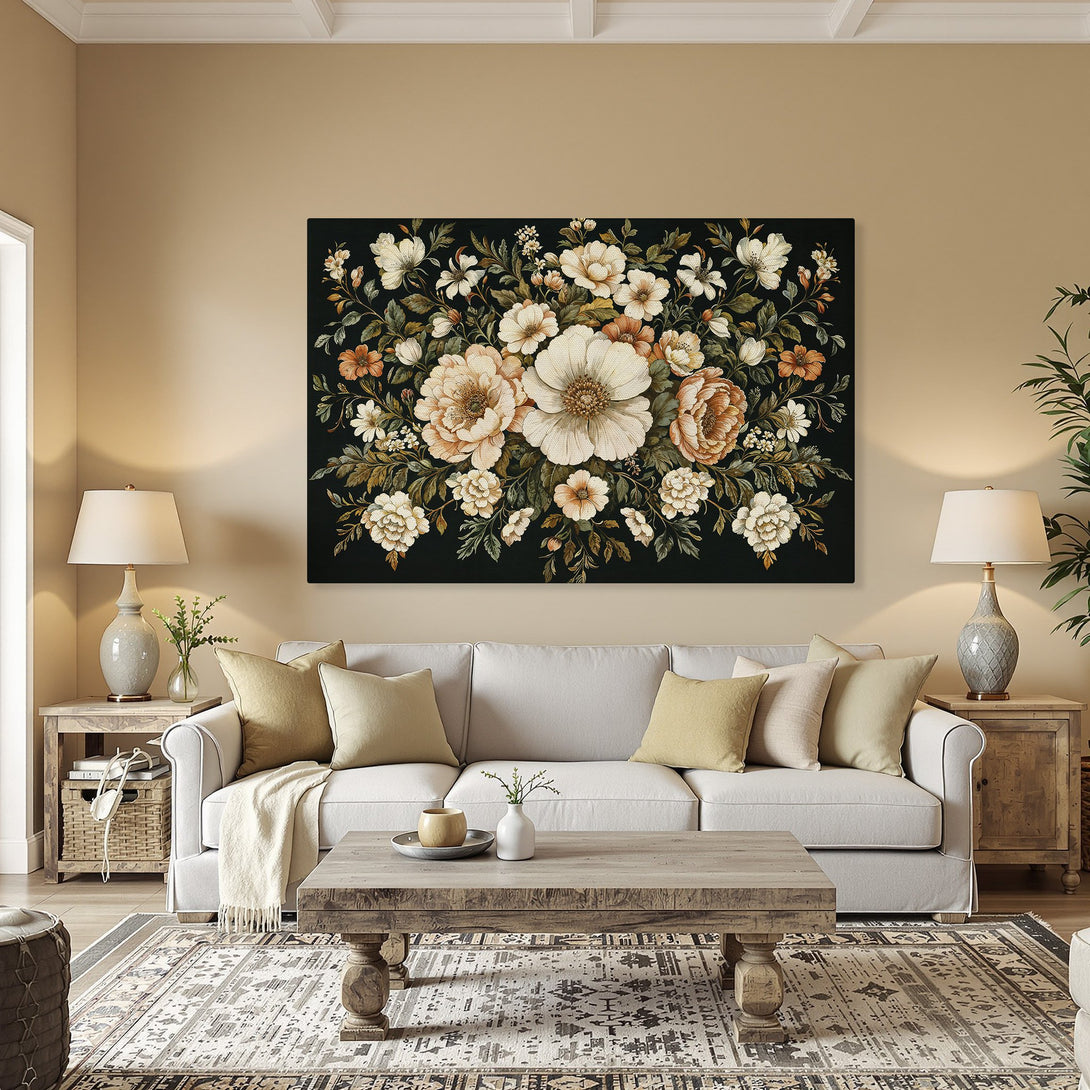 Framed Wall Art: Floral Canvas Print in a dining room. Features elegant flowers in cream, orange, and green on a black background. Adds a touch of sophistication.
