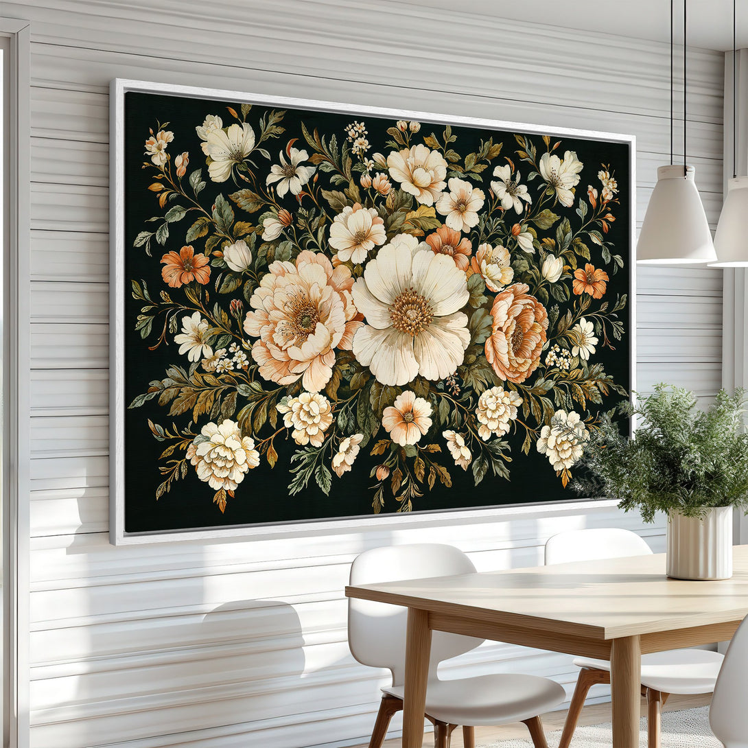 Framed Wall Art featuring a floral design with cream, orange, and green hues on a dark background. Perfect for adding a touch of elegance to your home!