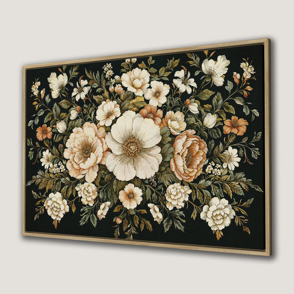 Framed Wall Art featuring elegant floral arrangement in a vintage style. Earthy tones and black background create a timeless, sophisticated look for any space.