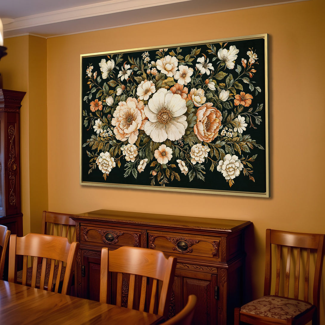 Canvas Print of floral artwork in a living room. Features a vintage style with a neutral color palette of cream, beige, and black.